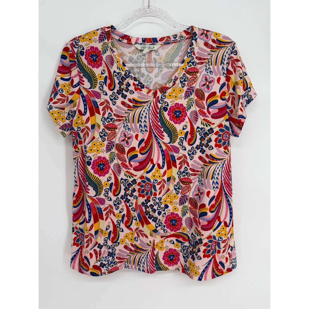 The Pioneer Woman Womens V-Neck Short Sleeve Paisley Floral Top Multicolor Sz M